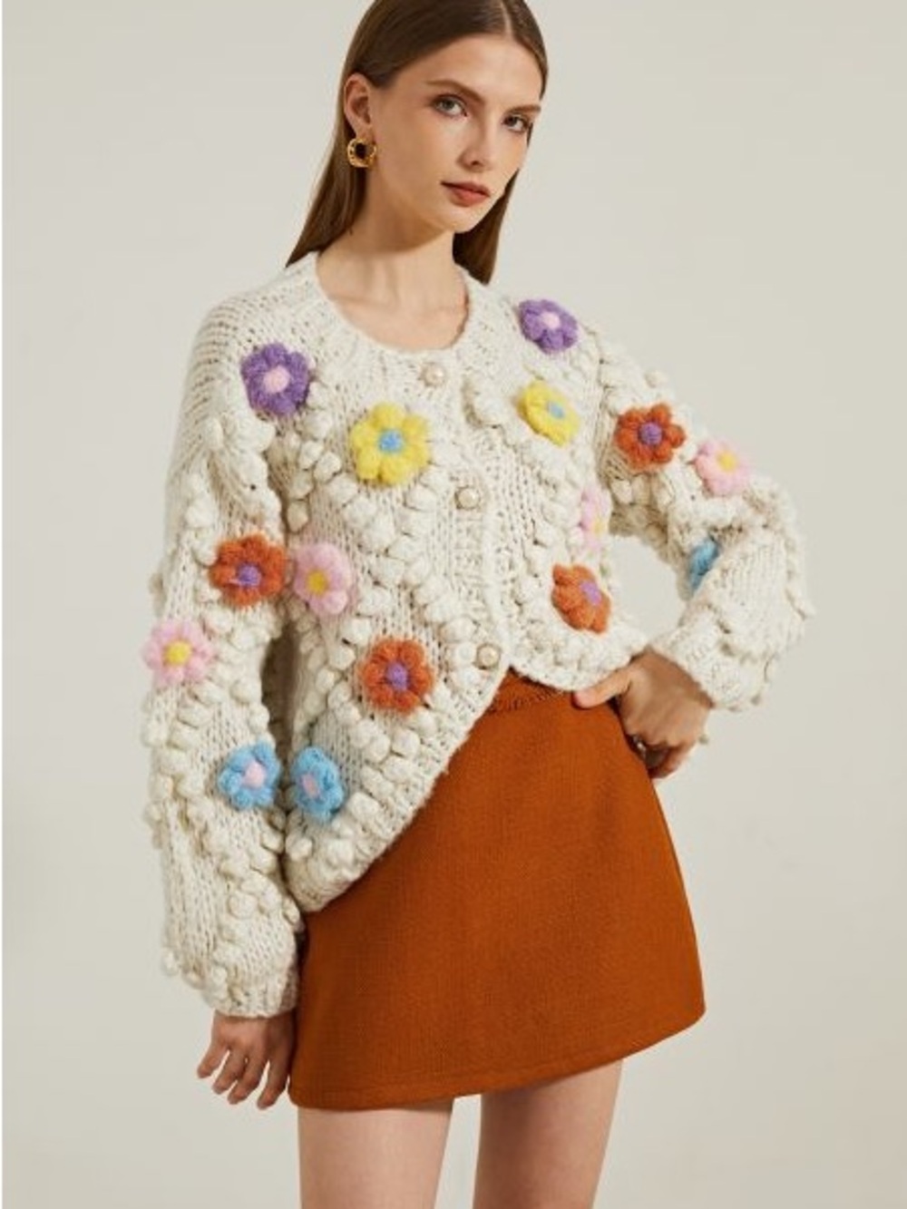 Beulah Cream Knit Cardigan with Floral Appliqués